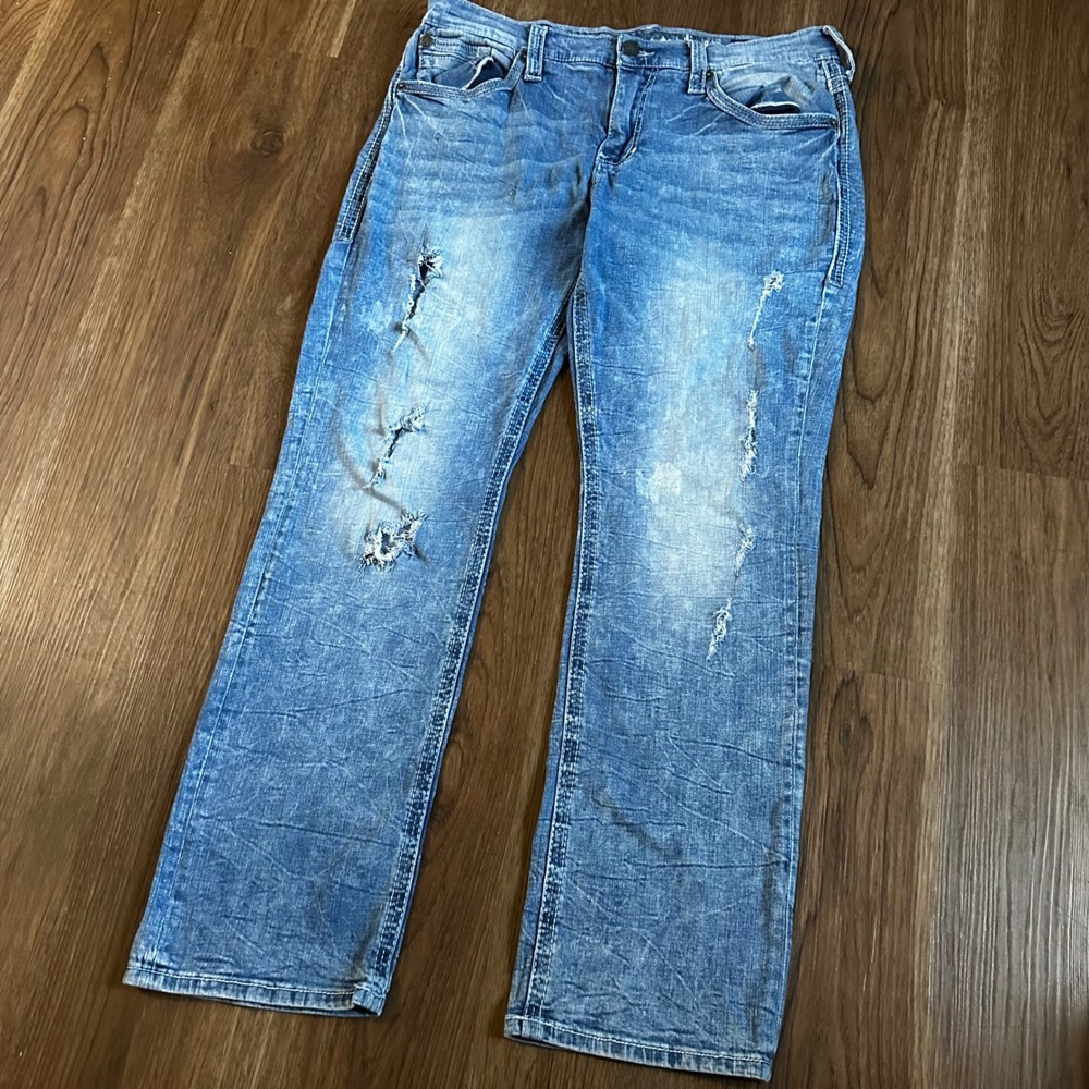 American Fighter Striker Jeans Mens 36 Blue Good Acid Wash Distressed Straight